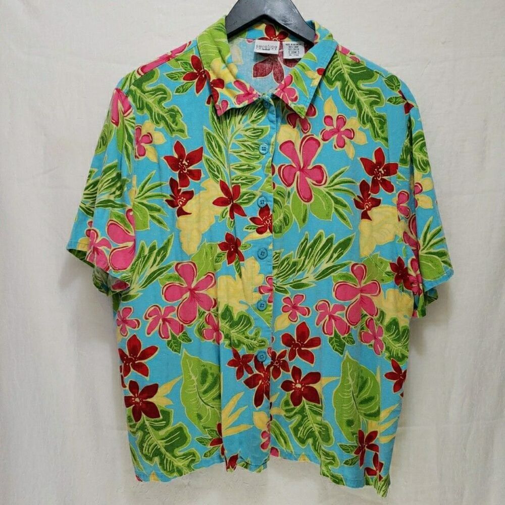 Carolina Colours Tropical Floral Linen Blend Short Sleeve Blouse Hawaiian Sz 20W